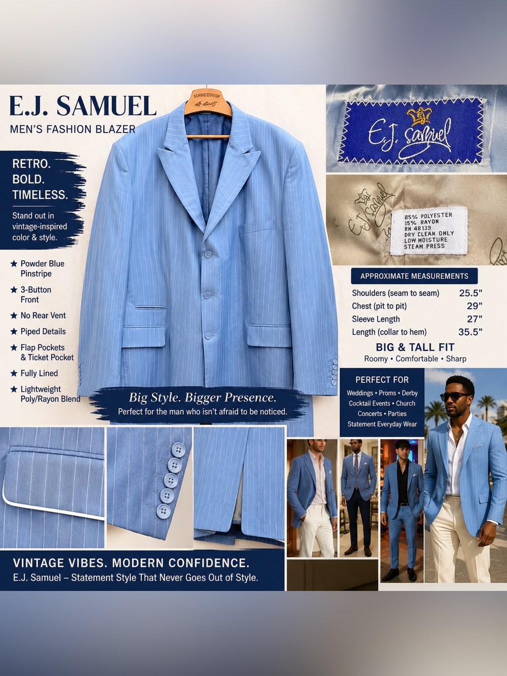 E.J. Samuel Mens Baby Blue Statement Pinstripe Blazer Big Tall Dopamine Dapper